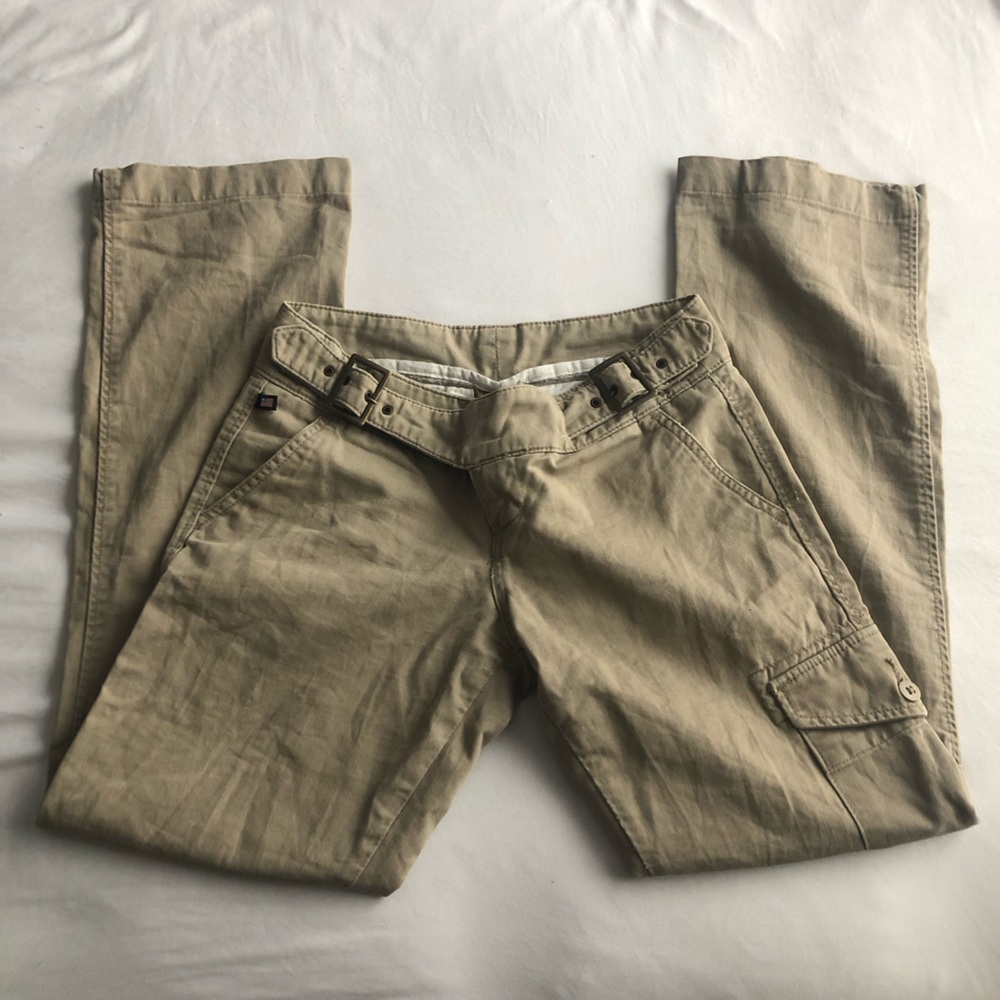 Tan Cargo Pants Double Buckle Bootcut